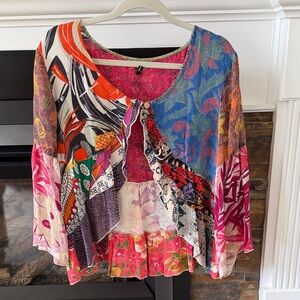 Bohemian Patchwork Floral Scoop Neck Women's Top - Pink Multi